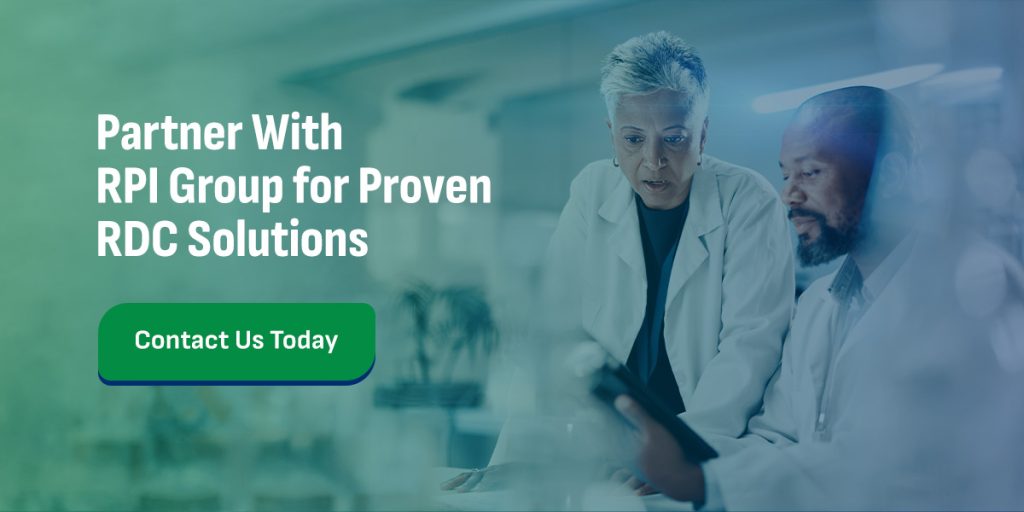 a woman and a man wearing lab coats with a call to action to partner with RPI Group for proven RDC solutions