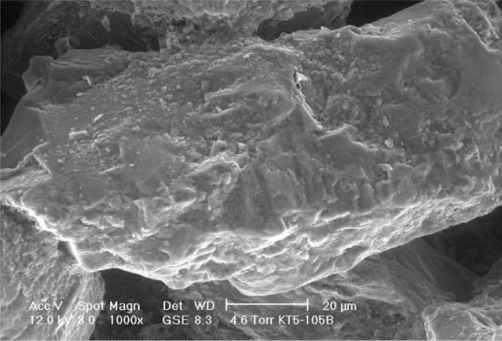 Scanning electron microscope (SEM) image of sand particles with CAC coating. The coating appears as particles in the sub-micron to 3 μm range.
