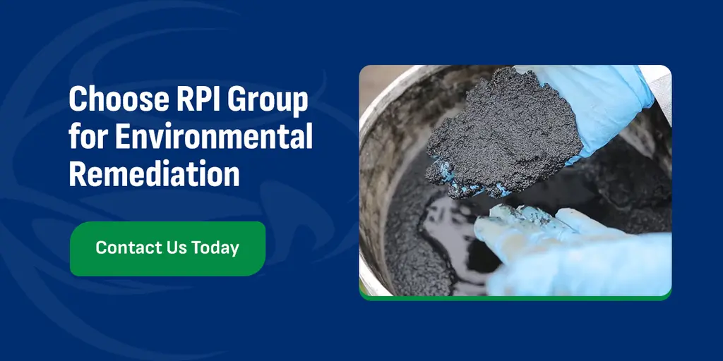 gloved hands holding wet soil with a call-to-action to choose RPI Group for environmental remediation