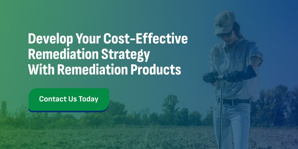 female field worker with a call-to-action to develop your cost-effective remediation strategy with Remediation Products, Inc.